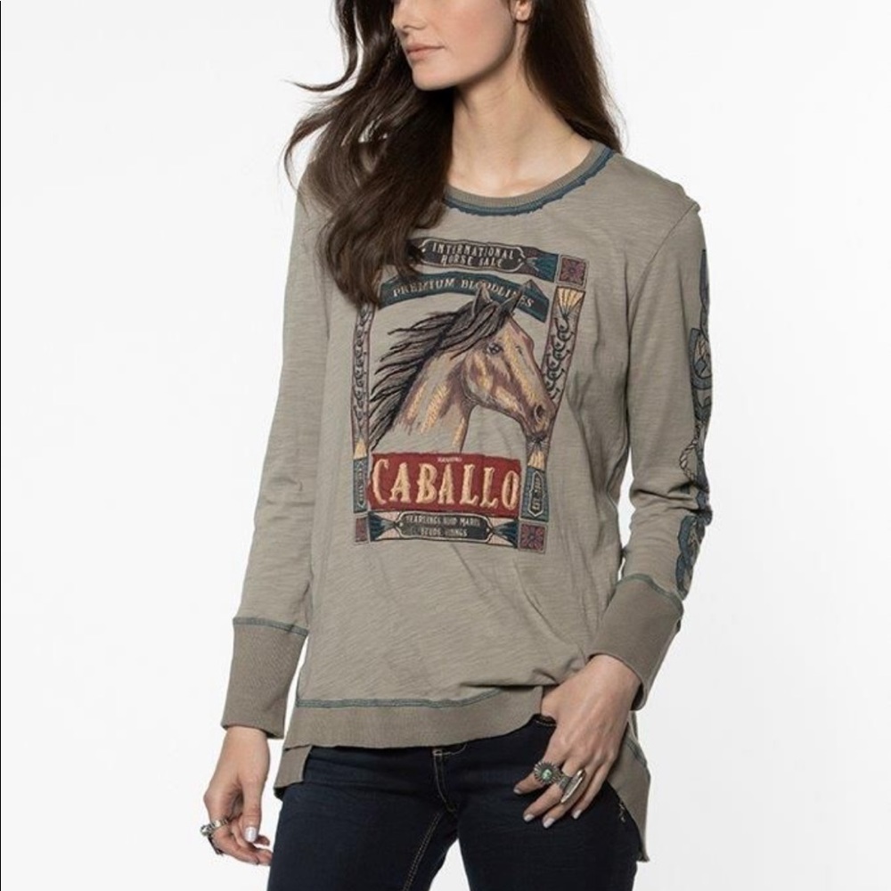 Double D Ranch Caballo Stallion Top Size XL Green Embroidered Long Sleeves